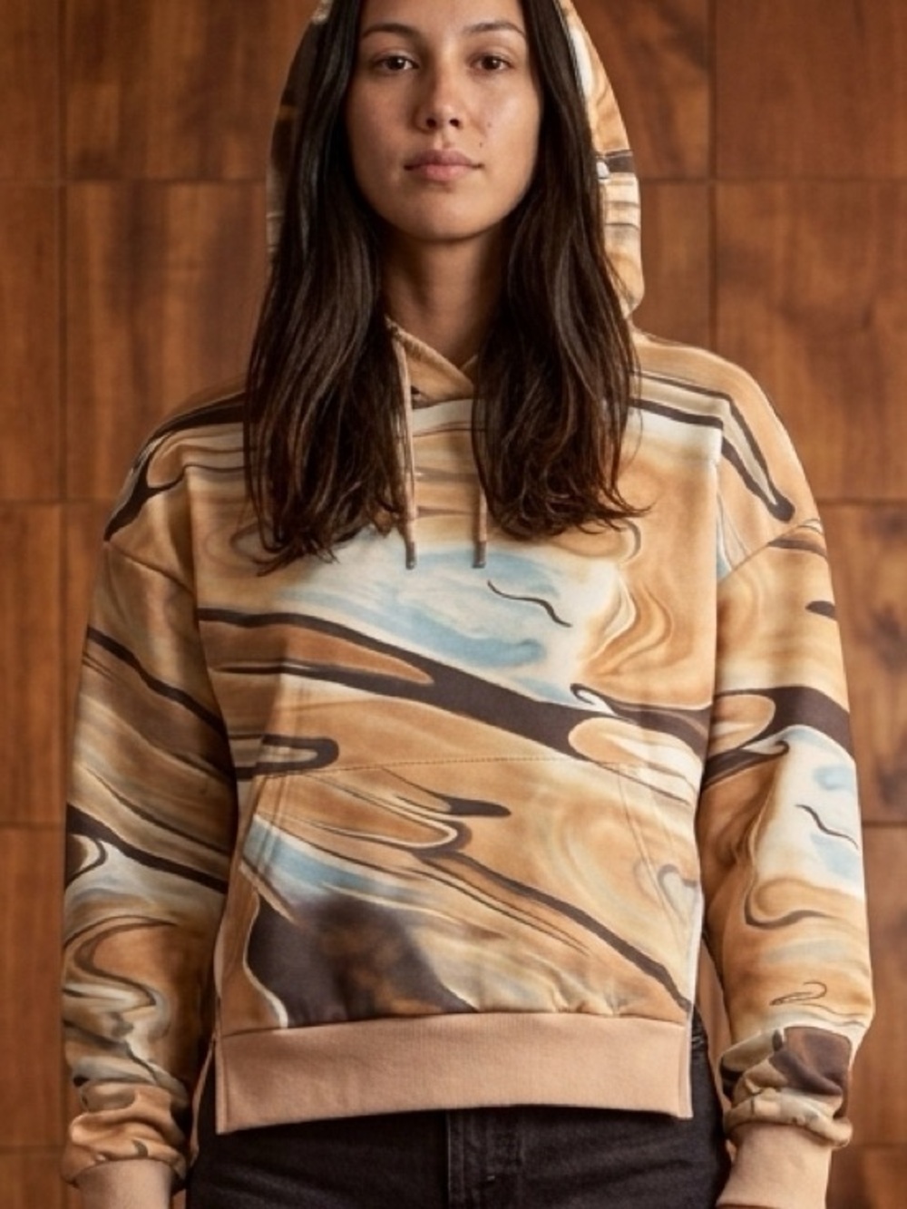 AKIRA Women's Swirl-Print Hoodie in Beige, Brown, Light Blue